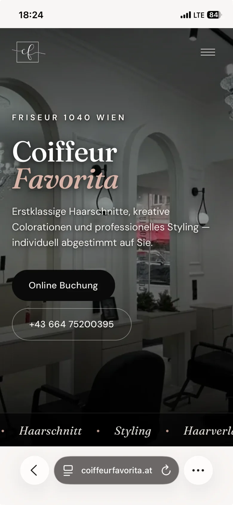Coiffeur Favorita – dieselbe Website mobil auf dem Smartphone