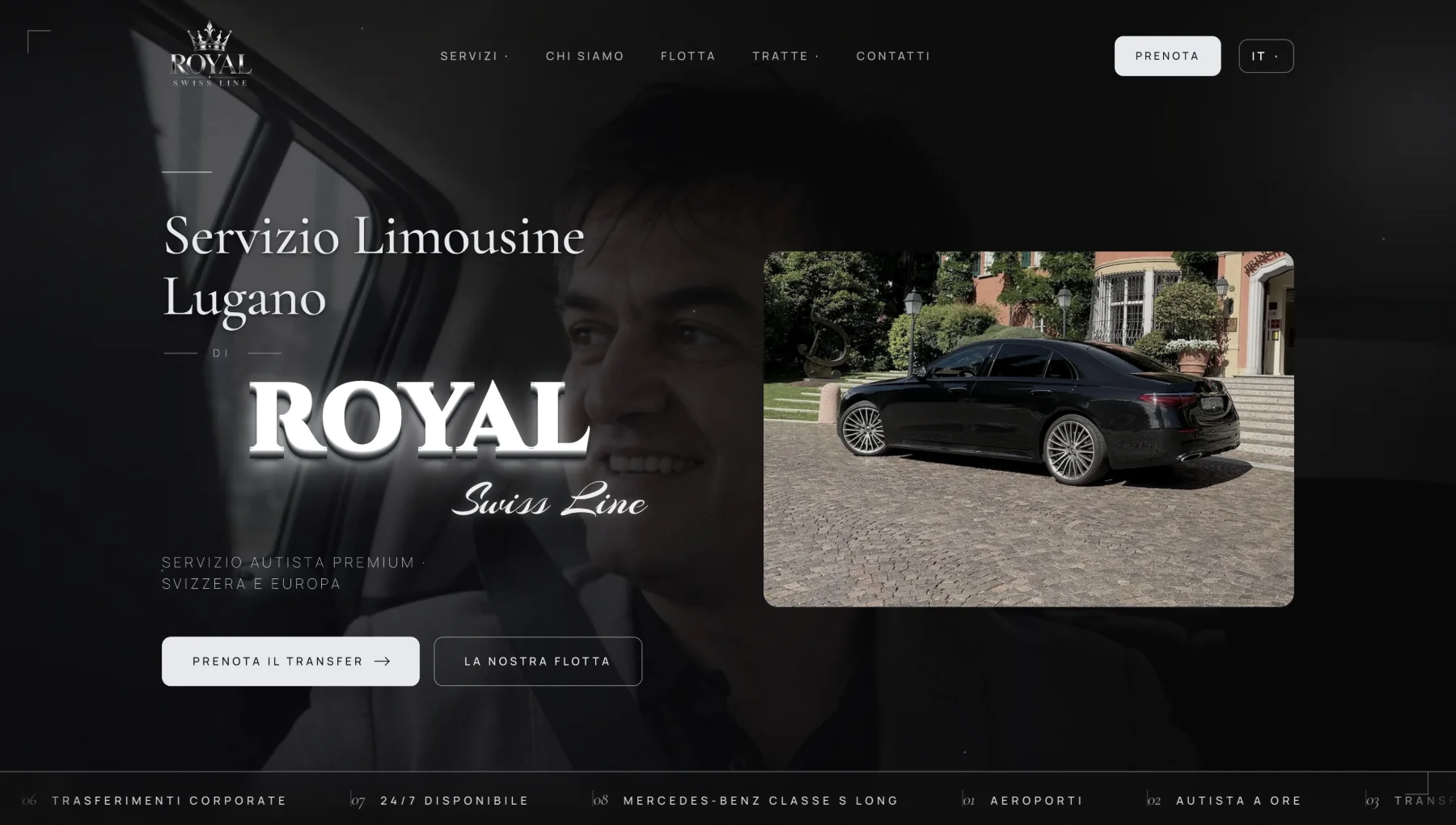 Royal Swiss Line – Limousinenservice Lugano: Website-Startseite am Desktop