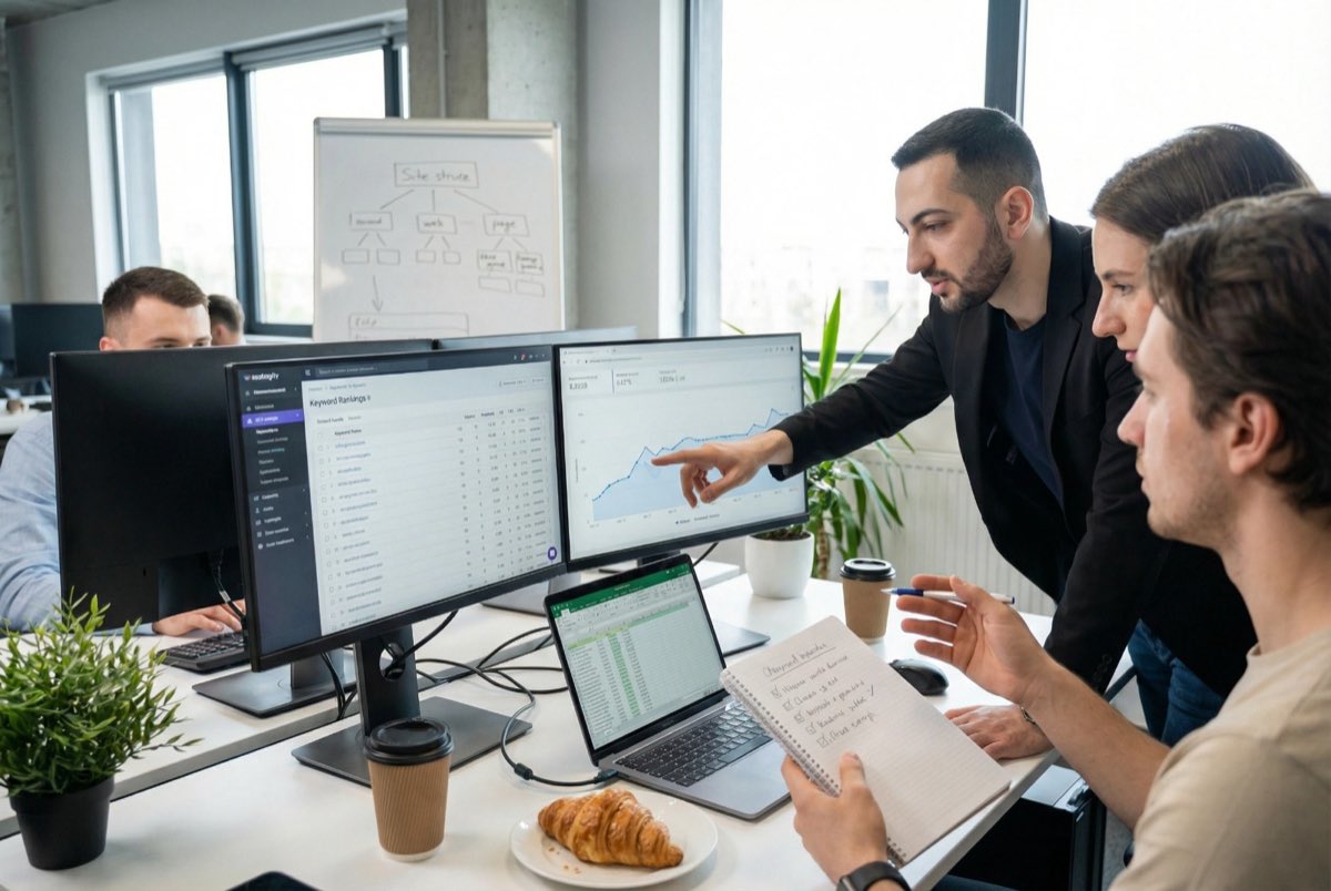 SEO-Optimierung: Team analysiert Keyword-Rankings und steigenden Google-Traffic am Bildschirm