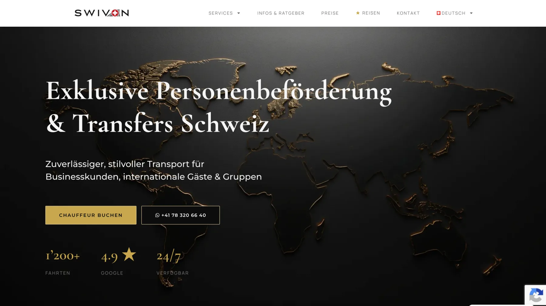 Swivon – Limousinenservice & Transfers Schweiz: Website-Startseite am Desktop